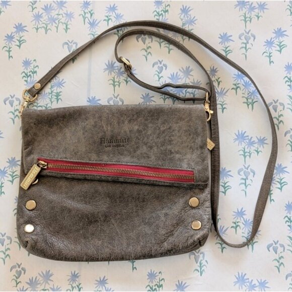 Hammitt VIP Medium Crossbody Bag Pewter Brushed Gold Red Zip Leather Clutch - Picture 2 of 6